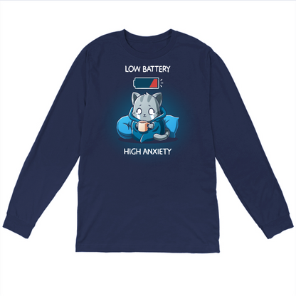 Long Sleeve T-shirt_TeeTurtle navy blue Low Battery High Anxiety Long Sleeve T-shirt featuring an anxious, crying cat wrapped in a blanket with a mug in their hands. There is a low battery icon above them. The text reads "Low Battery High Anxiety". 