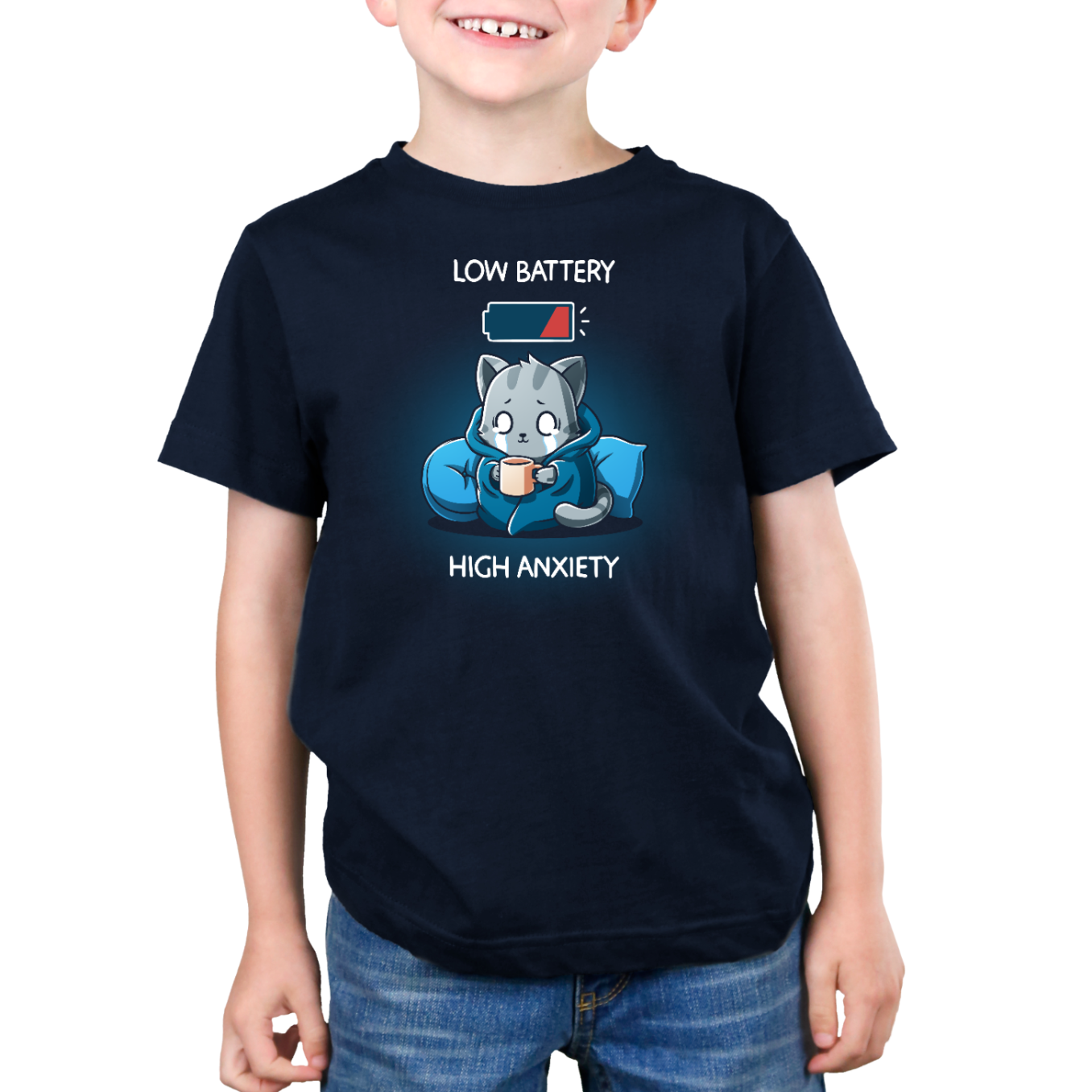 Premium Cotton T-shirt_TeeTurtle navy blue Low Battery High Anxiety Premium Cotton T-shirt featuring an anxious, crying cat wrapped in a blanket with a mug in their hands. There is a low battery icon above them. The text reads "Low Battery High Anxiety". 