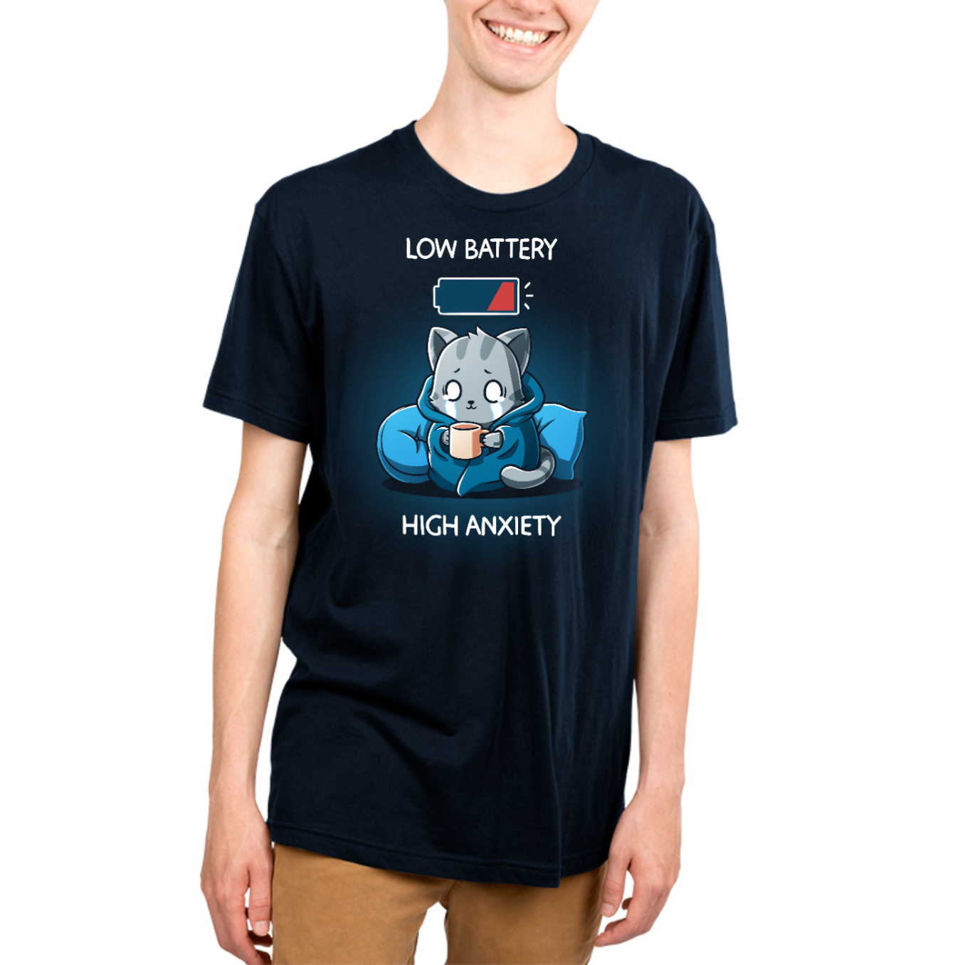 Premium Cotton T-shirt_TeeTurtle navy blue Low Battery High Anxiety Premium Cotton T-shirt featuring an anxious, crying cat wrapped in a blanket with a mug in their hands. There is a low battery icon above them. The text reads "Low Battery High Anxiety". 