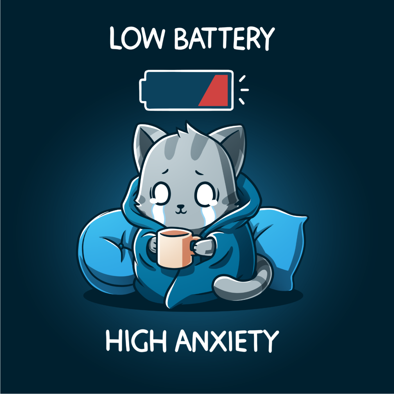 Premium Cotton T-shirt_TeeTurtle navy blue Low Battery High Anxiety Premium Cotton T-shirt featuring an anxious, crying cat wrapped in a blanket with a mug in their hands. There is a low battery icon above them. The text reads "Low Battery High Anxiety". 
