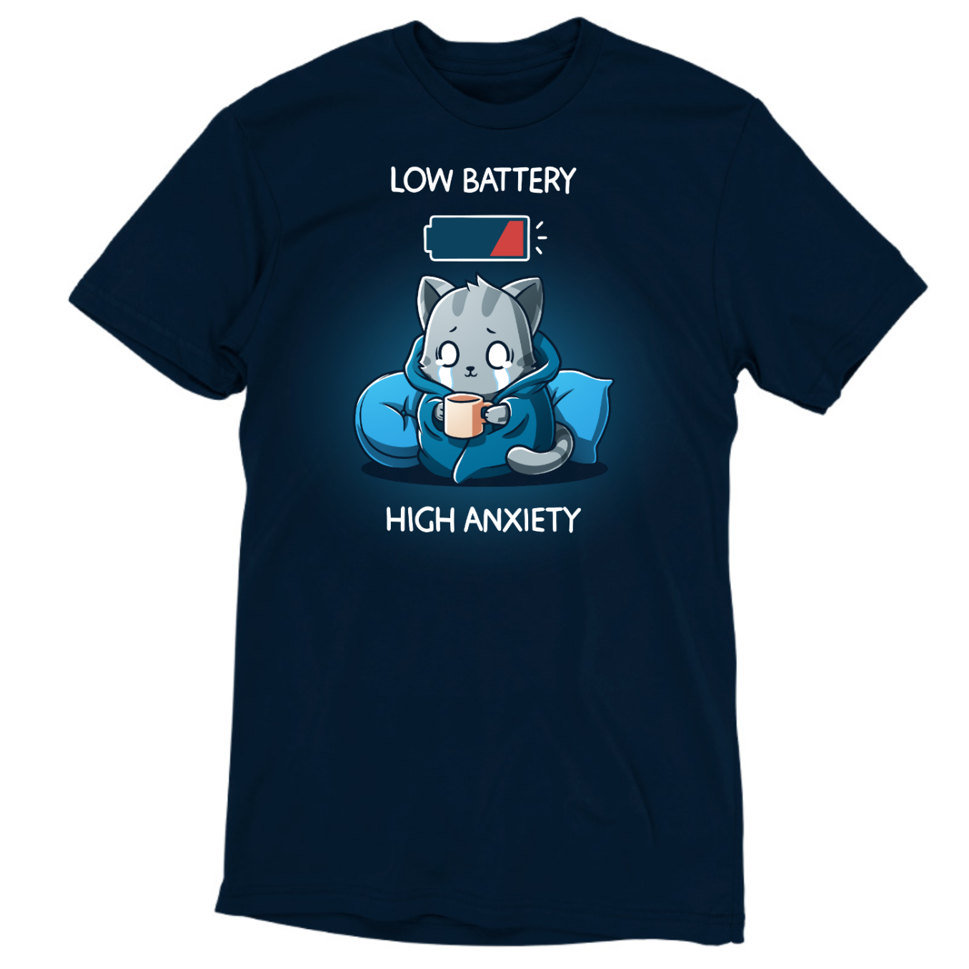 Premium Cotton T-shirt_TeeTurtle navy blue Low Battery High Anxiety Premium Cotton T-shirt featuring an anxious, crying cat wrapped in a blanket with a mug in their hands. There is a low battery icon above them. The text reads "Low Battery High Anxiety". 