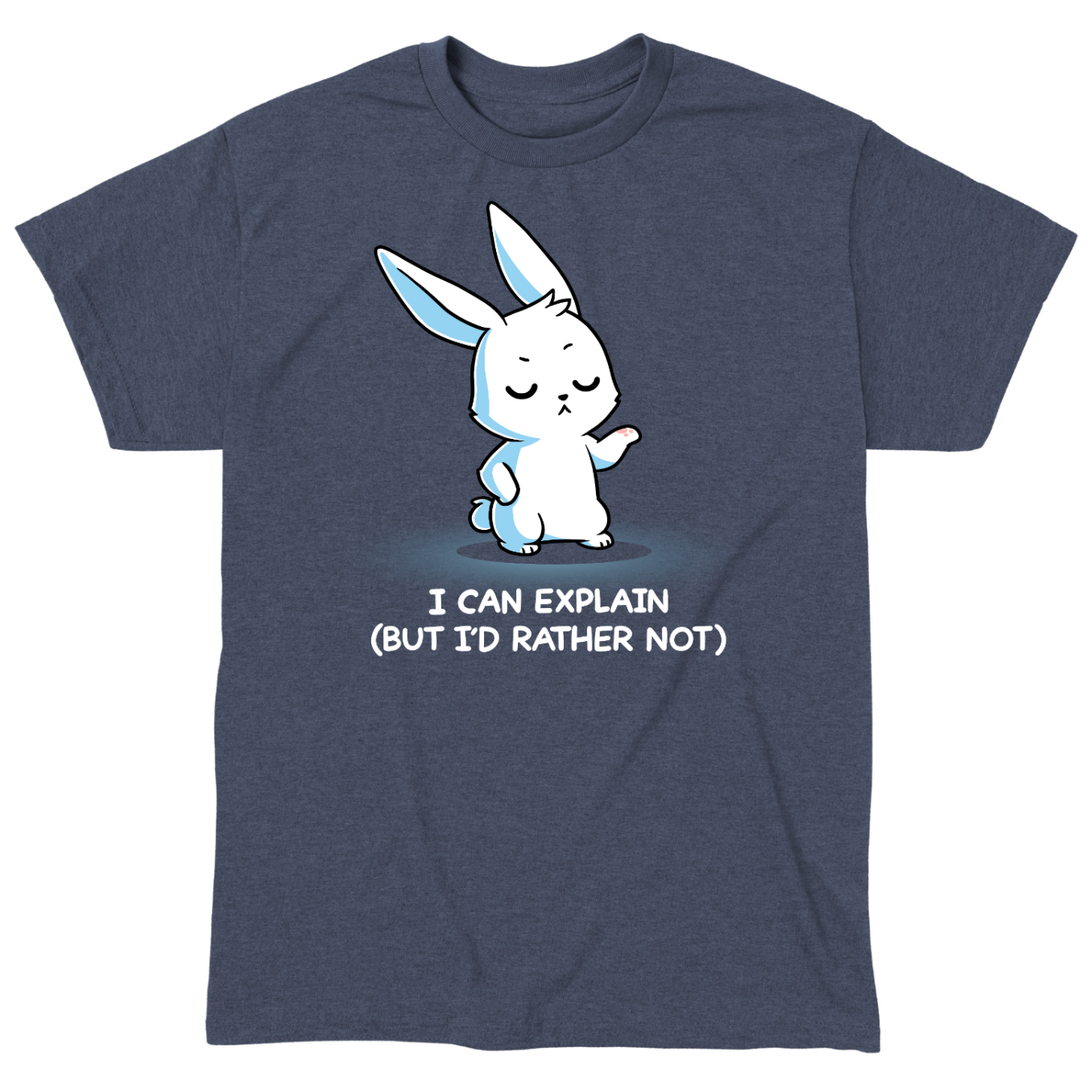Classic Cotton T-shirt_TeeTurtle heather navy I Can Explain But I'd Rather Not Classic Cotton T-shirt featuring a resolute bunny with their eyes closed and their paw up with the text "I Can Explain (But I'd Rather Not)"