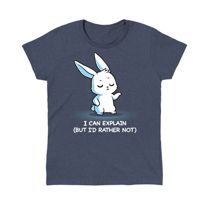 Classic Cotton T-shirt_TeeTurtle heather navy I Can Explain But I'd Rather Not Classic Cotton T-shirt featuring a resolute bunny with their eyes closed and their paw up with the text "I Can Explain (But I'd Rather Not)"