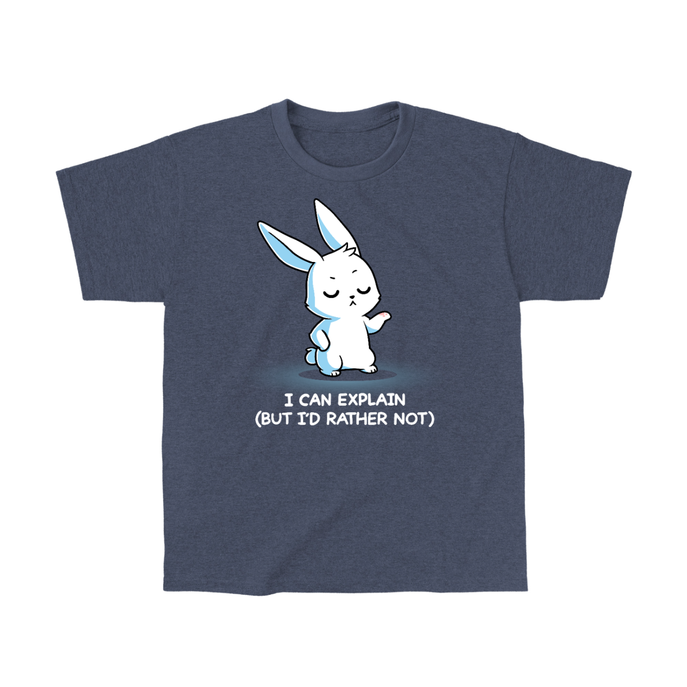Classic Cotton T-shirt_TeeTurtle heather navy I Can Explain But I'd Rather Not Classic Cotton T-shirt featuring a resolute bunny with their eyes closed and their paw up with the text "I Can Explain (But I'd Rather Not)"