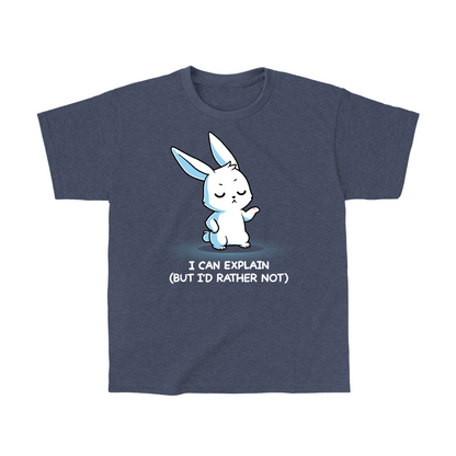 Classic Cotton T-shirt_TeeTurtle heather navy I Can Explain But I'd Rather Not Classic Cotton T-shirt featuring a resolute bunny with their eyes closed and their paw up with the text "I Can Explain (But I'd Rather Not)"