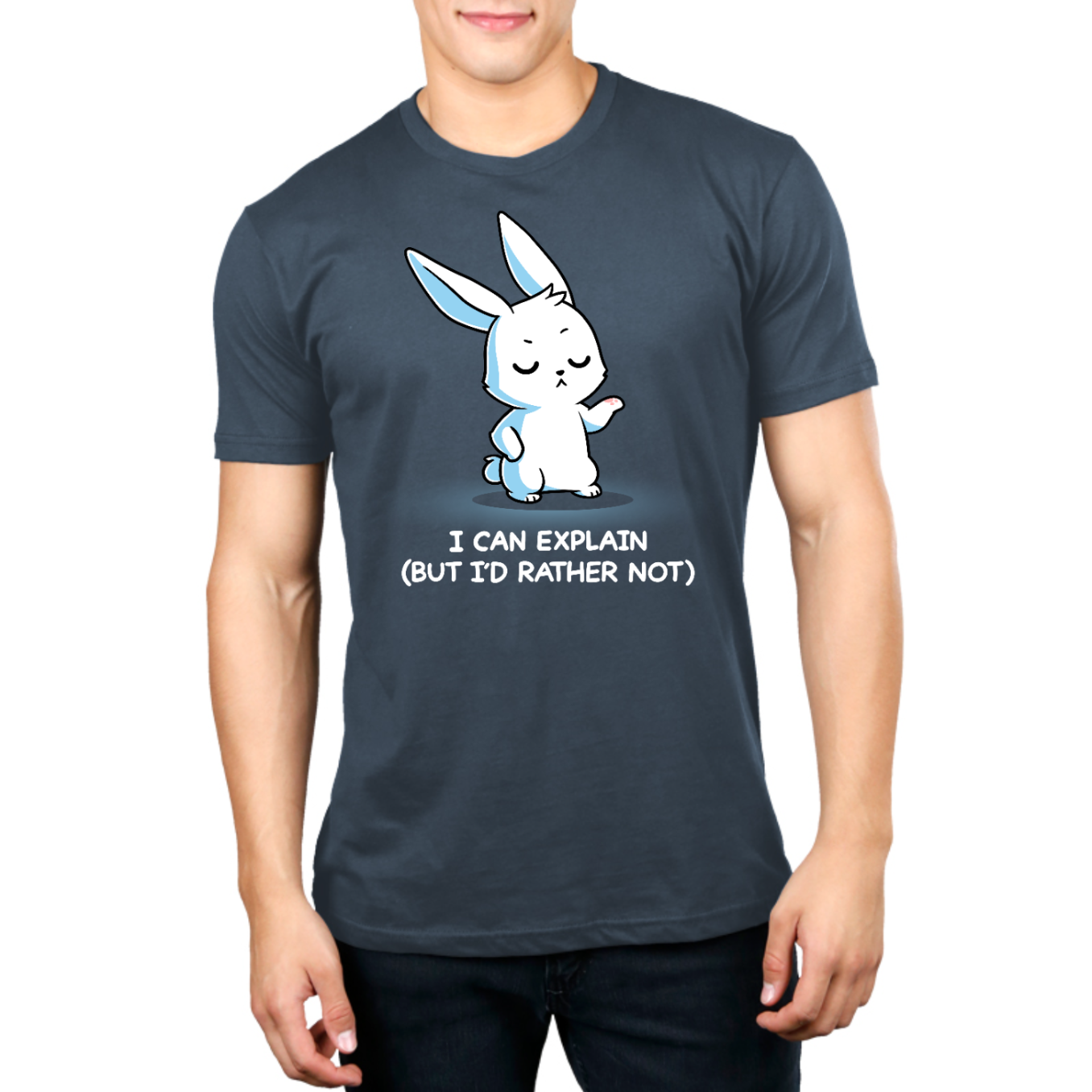 Premium Cotton T-shirt_TeeTurtle denim I Can Explain But I'd Rather Not Premium Cotton T-shirt featuring a resolute bunny with their eyes closed and their paw up with the text "I Can Explain (But I'd Rather Not)"