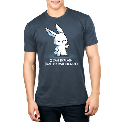 Premium Cotton T-shirt_TeeTurtle denim I Can Explain But I'd Rather Not Premium Cotton T-shirt featuring a resolute bunny with their eyes closed and their paw up with the text "I Can Explain (But I'd Rather Not)"