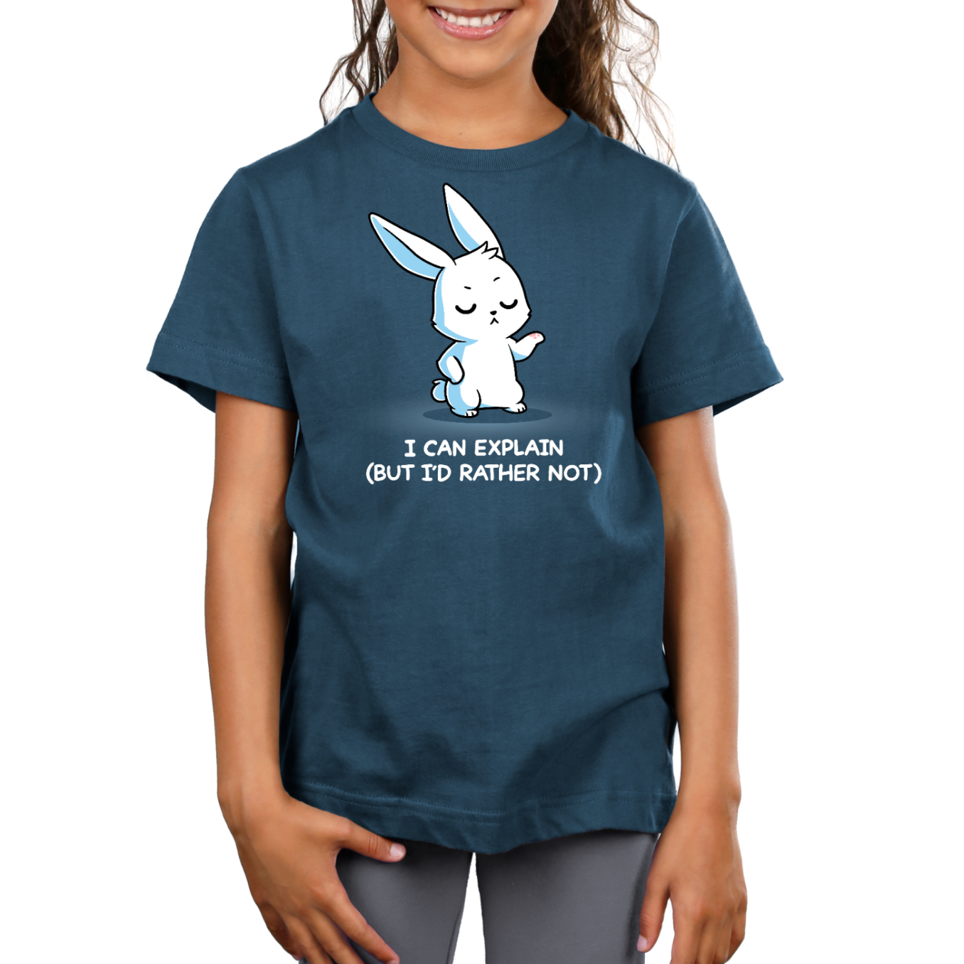 Premium Cotton T-shirt_TeeTurtle denim I Can Explain But I'd Rather Not Premium Cotton T-shirt featuring a resolute bunny with their eyes closed and their paw up with the text "I Can Explain (But I'd Rather Not)"
