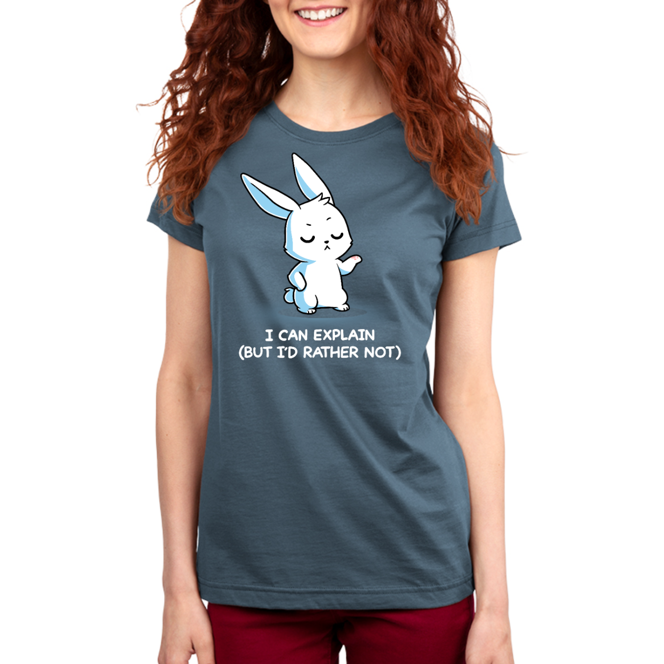 Premium Cotton T-shirt_TeeTurtle denim I Can Explain But I'd Rather Not Premium Cotton T-shirt featuring a resolute bunny with their eyes closed and their paw up with the text "I Can Explain (But I'd Rather Not)"