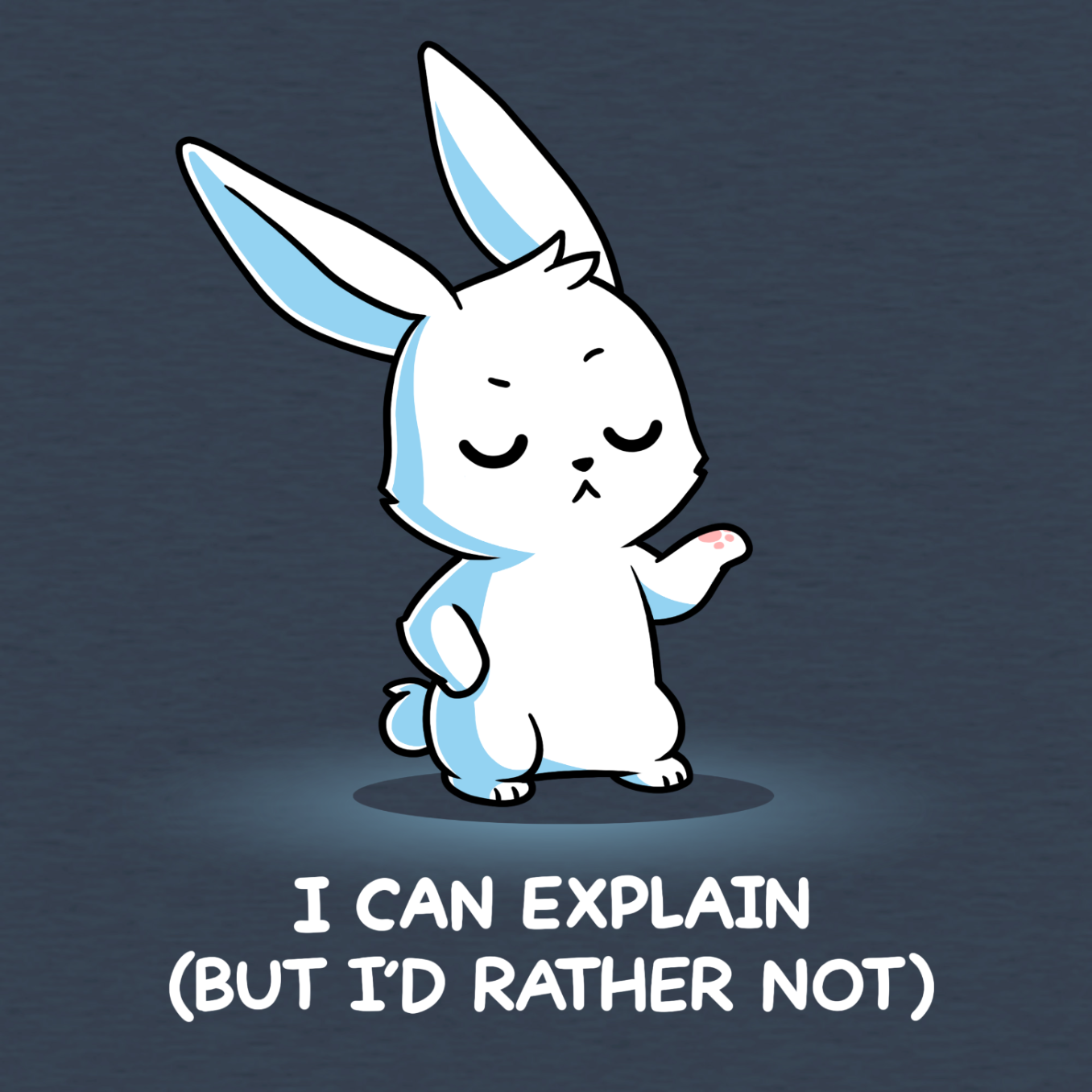 Classic Cotton T-shirt_TeeTurtle heather navy I Can Explain But I'd Rather Not Classic Cotton T-shirt featuring a resolute bunny with their eyes closed and their paw up with the text "I Can Explain (But I'd Rather Not)"
