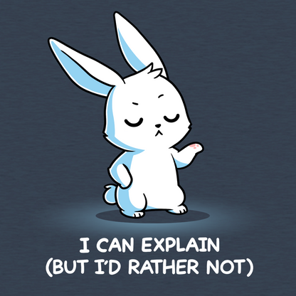 Classic Cotton T-shirt_TeeTurtle heather navy I Can Explain But I'd Rather Not Classic Cotton T-shirt featuring a resolute bunny with their eyes closed and their paw up with the text "I Can Explain (But I'd Rather Not)"