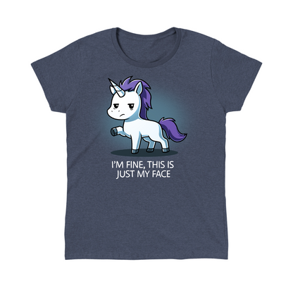 Classic Cotton T-shirt_TeeTurtle heather navy I'm Fine This Is Just My Face Classic Cotton T-shirt featuring a tired, grumpy white unicorn along with the text "I'm Fine, This Is Just My Face"