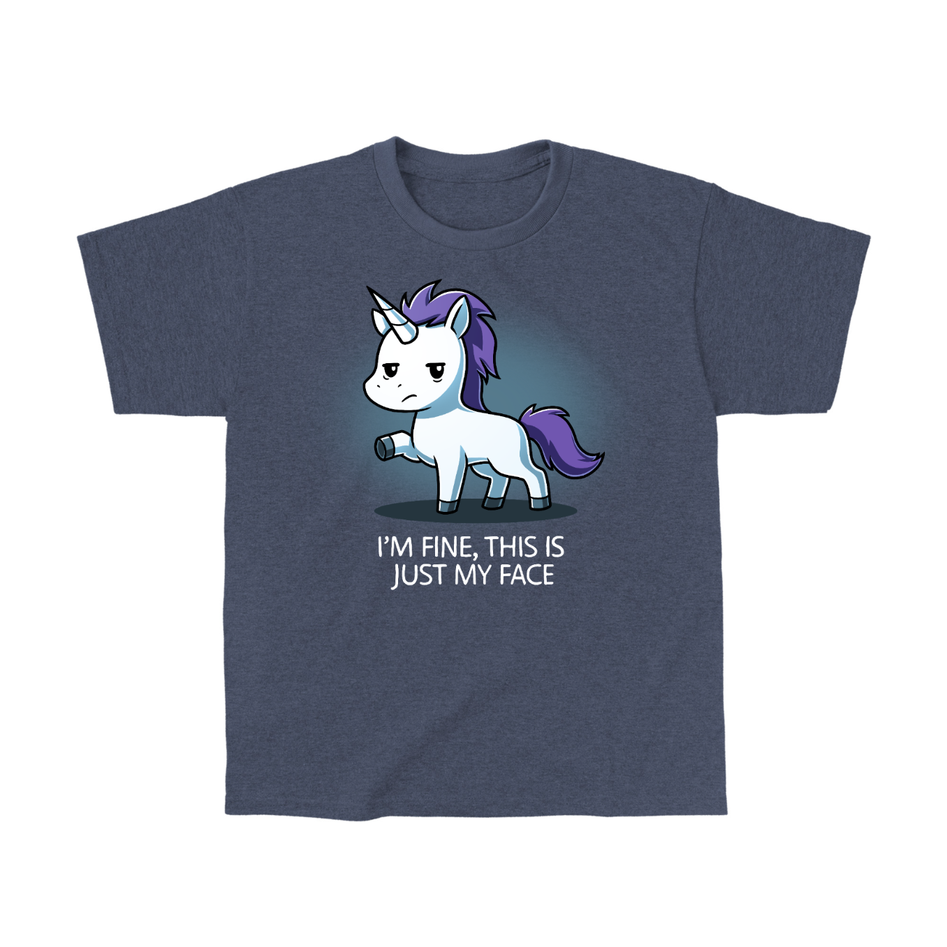 Classic Cotton T-shirt_TeeTurtle heather navy I'm Fine This Is Just My Face Classic Cotton T-shirt featuring a tired, grumpy white unicorn along with the text "I'm Fine, This Is Just My Face"