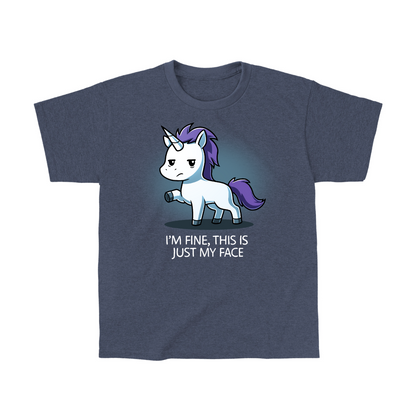 Classic Cotton T-shirt_TeeTurtle heather navy I'm Fine This Is Just My Face Classic Cotton T-shirt featuring a tired, grumpy white unicorn along with the text "I'm Fine, This Is Just My Face"