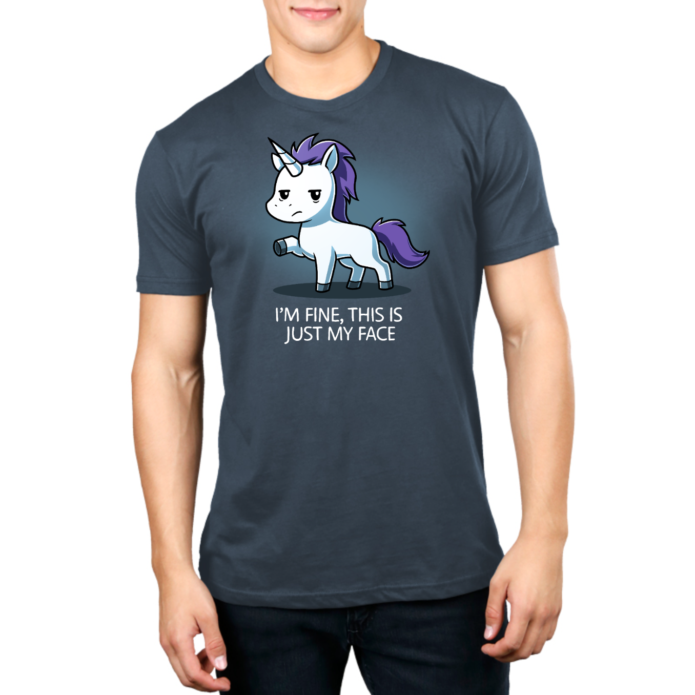 Premium Cotton T-shirt_TeeTurtle denim I'm Fine This Is Just My Face Premium Cotton T-shirt featuring a tired, grumpy white unicorn along with the text "I'm Fine, This Is Just My Face"