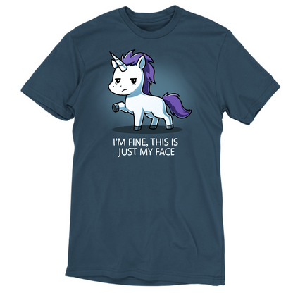 Premium Cotton T-shirt_TeeTurtle denim I'm Fine This Is Just My Face Premium Cotton T-shirt featuring a tired, grumpy white unicorn along with the text "I'm Fine, This Is Just My Face"