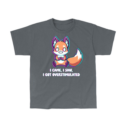 Classic Cotton T-shirt_TeeTurtle charcoal I Came I Saw I Got Overstimulated Classic Cotton T-shirt featuring a fox vibrating with streaks of color around him. He is grimacing and his eyes are totally white. The text below reads "I Came, I Saw, I Got Overstimulated"
