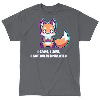 Classic Cotton T-shirt_TeeTurtle charcoal I Came I Saw I Got Overstimulated Classic Cotton T-shirt featuring a fox vibrating with streaks of color around him. He is grimacing and his eyes are totally white. The text below reads "I Came, I Saw, I Got Overstimulated"