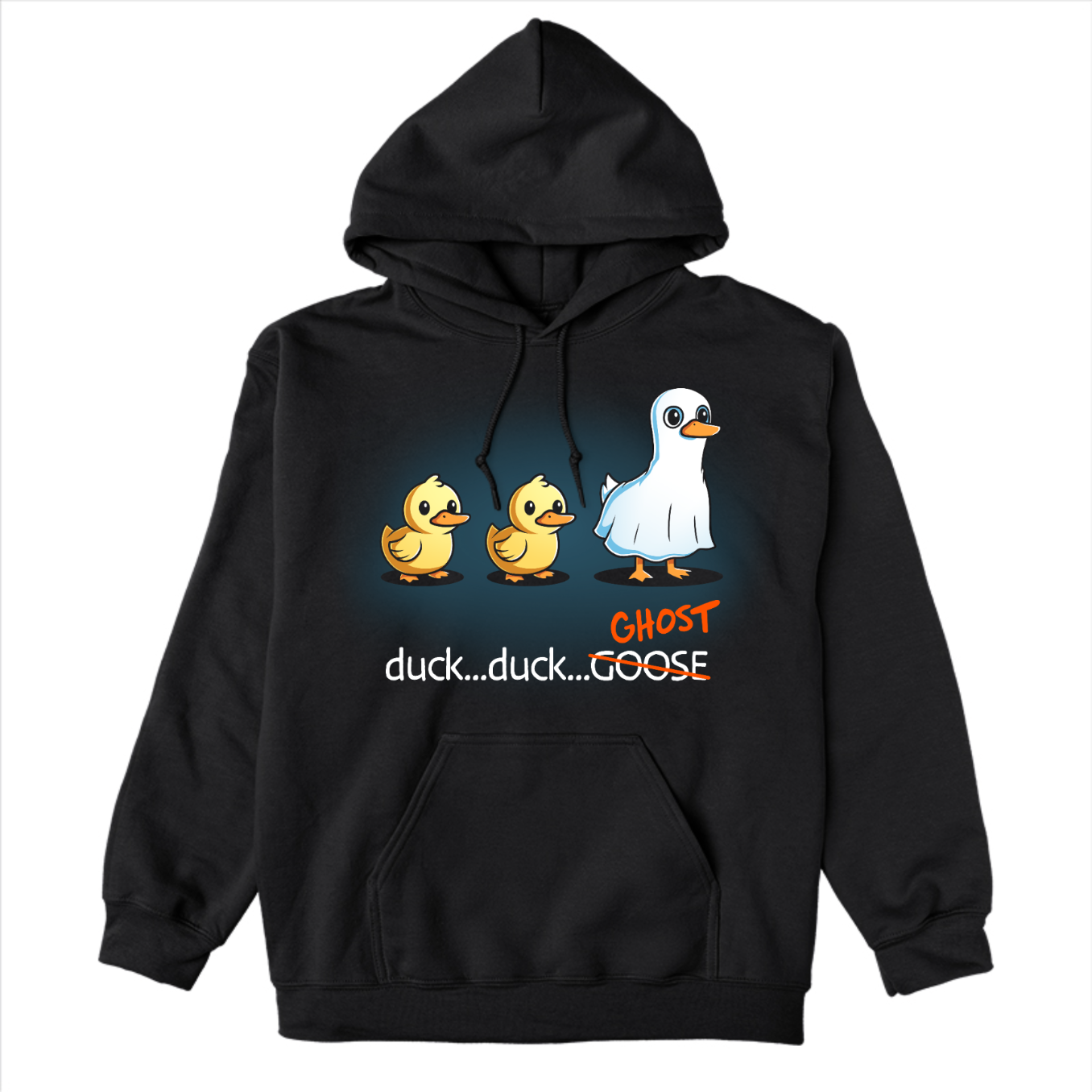 Pullover Hoodie_TeeTurtle black Duck...Duck...Ghost Pullover Hoodie featuring two normal ducks followed by a third duck dressed as a ghost in a white sheet, creating a playful twist on the classic "Duck, Duck, Goose" game.