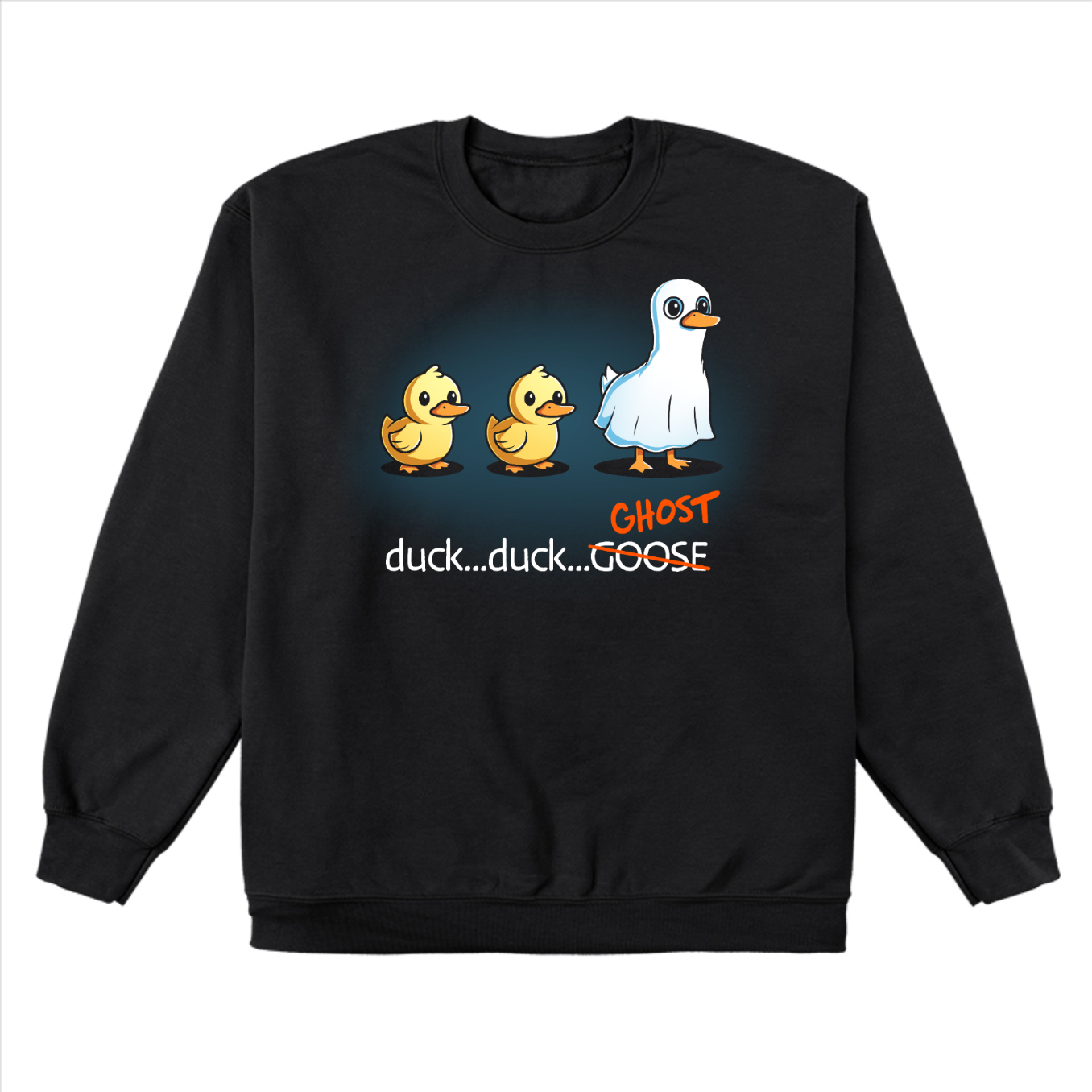 Crew Neck Sweatshirt_TeeTurtle black Duck...Duck...Ghost Crew Neck Sweatshirt featuring two normal ducks followed by a third duck dressed as a ghost in a white sheet, creating a playful twist on the classic "Duck, Duck, Goose" game.