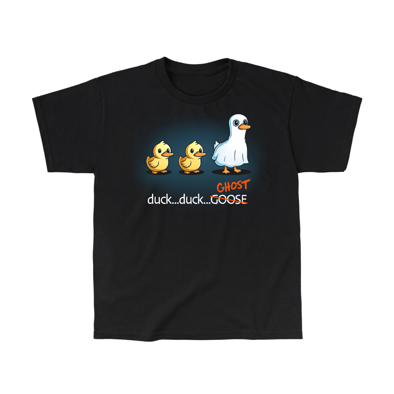 Classic Cotton T-shirt_TeeTurtle black Duck...Duck...Ghost Classic Cotton T-shirt featuring two normal ducks followed by a third duck dressed as a ghost in a white sheet, creating a playful twist on the classic "Duck, Duck, Goose" game.