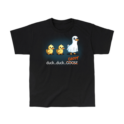 Classic Cotton T-shirt_TeeTurtle black Duck...Duck...Ghost Classic Cotton T-shirt featuring two normal ducks followed by a third duck dressed as a ghost in a white sheet, creating a playful twist on the classic "Duck, Duck, Goose" game.