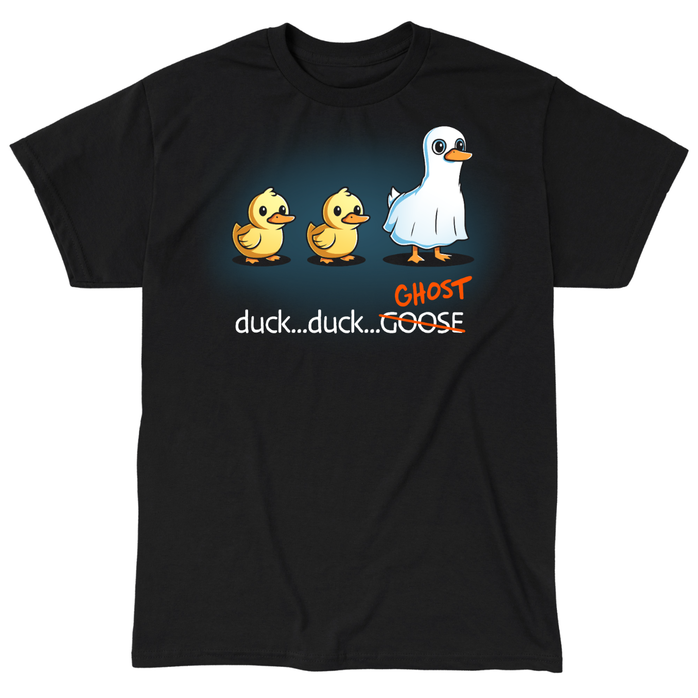 Classic Cotton T-shirt_TeeTurtle black Duck...Duck...Ghost Classic Cotton T-shirt featuring two normal ducks followed by a third duck dressed as a ghost in a white sheet, creating a playful twist on the classic "Duck, Duck, Goose" game.