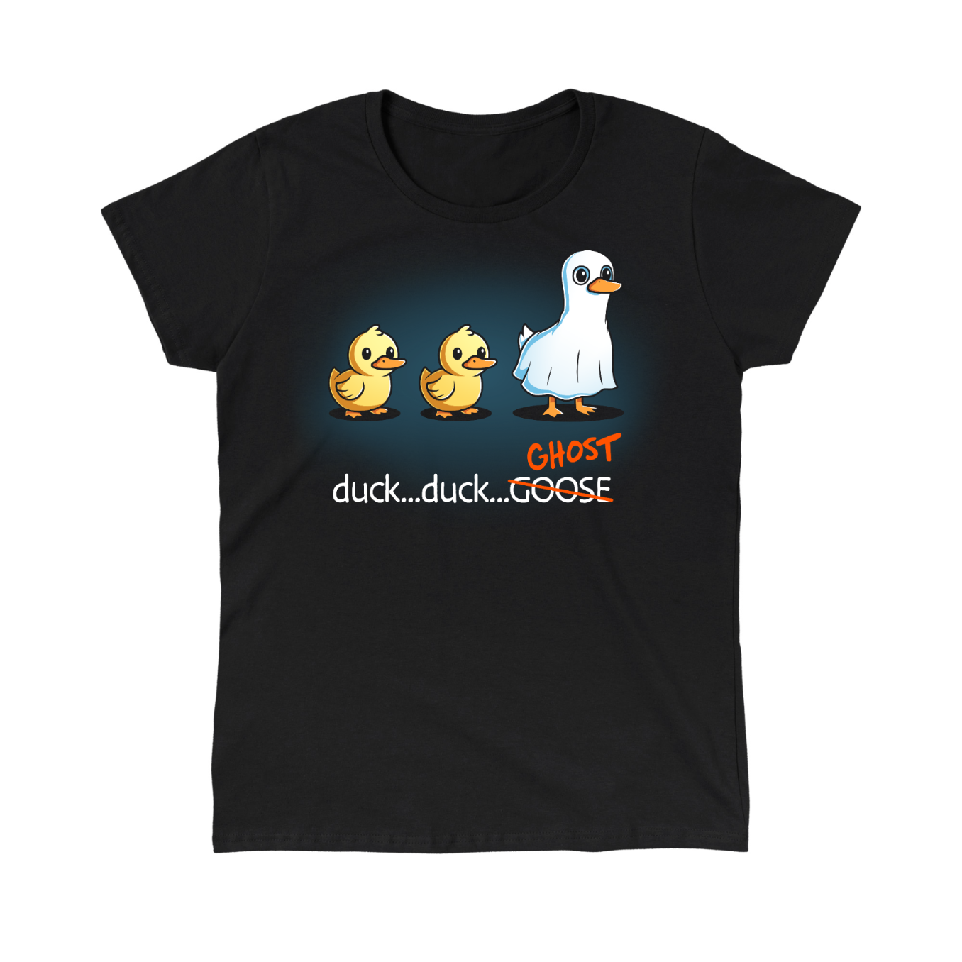 Classic Cotton T-shirt_TeeTurtle black Duck...Duck...Ghost Classic Cotton T-shirt featuring two normal ducks followed by a third duck dressed as a ghost in a white sheet, creating a playful twist on the classic "Duck, Duck, Goose" game.