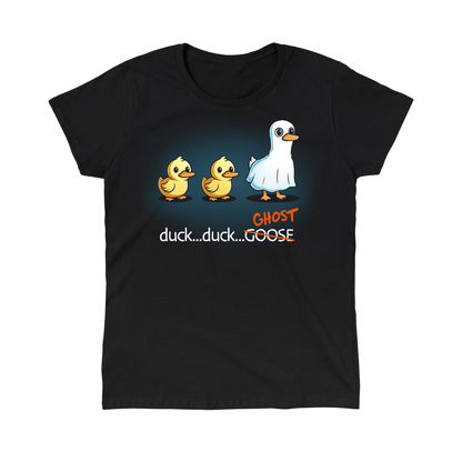 Classic Cotton T-shirt_TeeTurtle black Duck...Duck...Ghost Classic Cotton T-shirt featuring two normal ducks followed by a third duck dressed as a ghost in a white sheet, creating a playful twist on the classic "Duck, Duck, Goose" game.