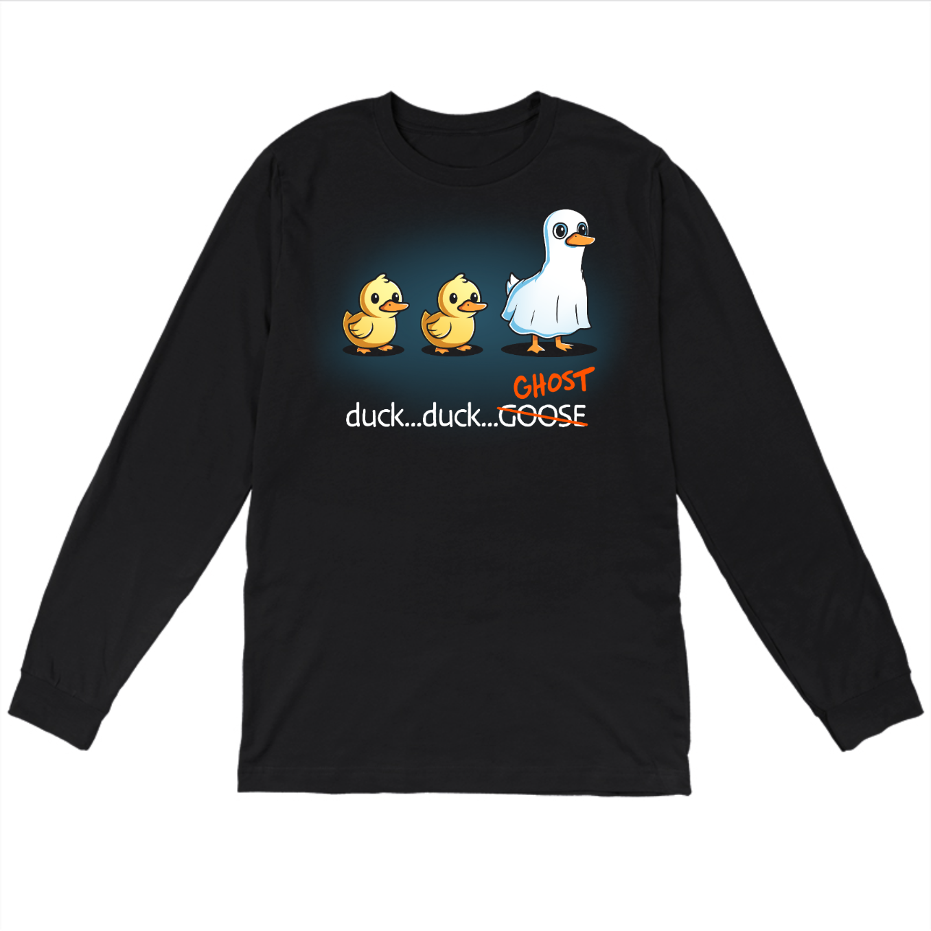 Long Sleeve T-shirt_TeeTurtle black Duck...Duck...Ghost Long Sleeve T-shirt featuring two normal ducks followed by a third duck dressed as a ghost in a white sheet, creating a playful twist on the classic "Duck, Duck, Goose" game.