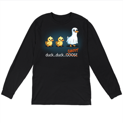 Long Sleeve T-shirt_TeeTurtle black Duck...Duck...Ghost Long Sleeve T-shirt featuring two normal ducks followed by a third duck dressed as a ghost in a white sheet, creating a playful twist on the classic "Duck, Duck, Goose" game.