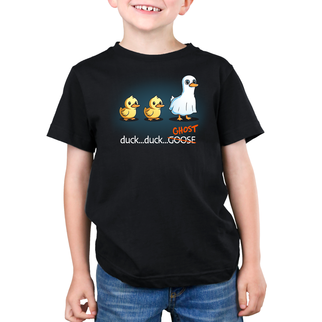 Premium Cotton T-shirt_TeeTurtle black Duck...Duck...Ghost Premium Cotton T-shirt featuring two normal ducks followed by a third duck dressed as a ghost in a white sheet, creating a playful twist on the classic "Duck, Duck, Goose" game.

