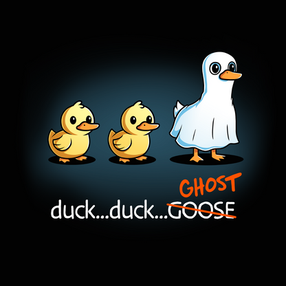 Premium Cotton T-shirt_TeeTurtle black Duck...Duck...Ghost Premium Cotton T-shirt featuring two normal ducks followed by a third duck dressed as a ghost in a white sheet, creating a playful twist on the classic "Duck, Duck, Goose" game.
