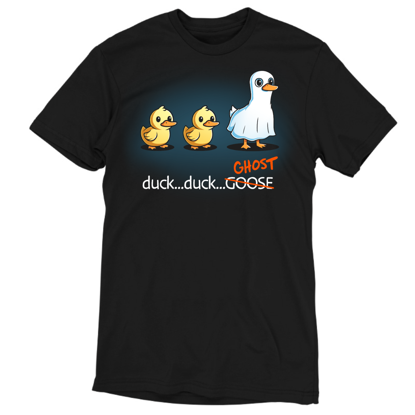 Premium Cotton T-shirt_TeeTurtle black Duck...Duck...Ghost Premium Cotton T-shirt featuring two normal ducks followed by a third duck dressed as a ghost in a white sheet, creating a playful twist on the classic "Duck, Duck, Goose" game.
