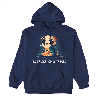 Pullover Hoodie_TeeTurtle navy No Tricks, Only Treats Pullover Hoodie featuring a pug wearing a superhero cape while carrying a bucket of Halloween candy beneath the phrase "No Tricks, Only Treats."