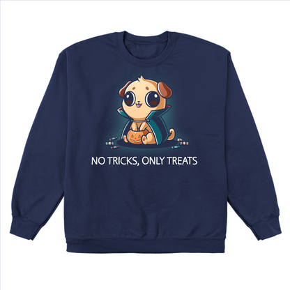 Crew Neck Sweatshirt_TeeTurtle navy No Tricks, Only Treats Crew Neck Sweatshirt featuring a pug wearing a superhero cape while carrying a bucket of Halloween candy beneath the phrase "No Tricks, Only Treats."