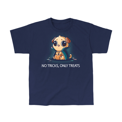 Classic Cotton T-shirt_TeeTurtle navy No Tricks, Only Treats Classic Cotton T-shirt featuring a pug wearing a superhero cape while carrying a bucket of Halloween candy beneath the phrase "No Tricks, Only Treats."