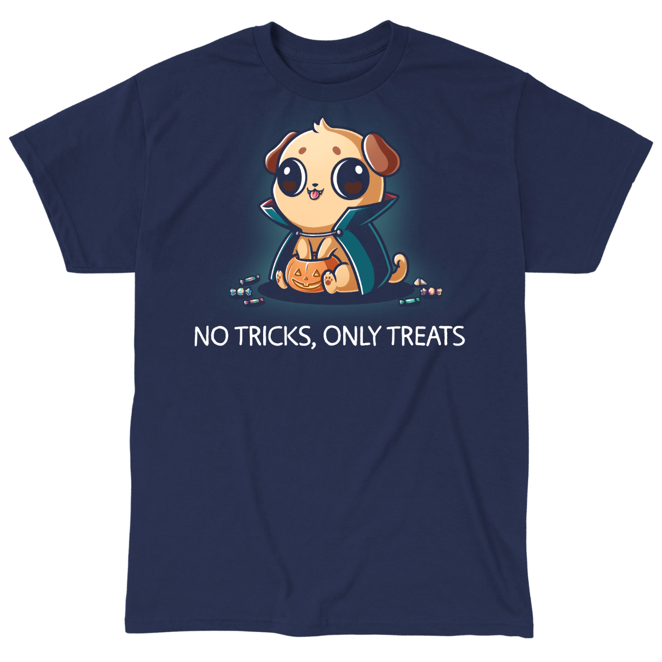 Classic Cotton T-shirt_TeeTurtle navy No Tricks, Only Treats Classic Cotton T-shirt featuring a pug wearing a superhero cape while carrying a bucket of Halloween candy beneath the phrase "No Tricks, Only Treats."