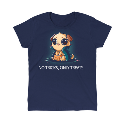 Classic Cotton T-shirt_TeeTurtle navy No Tricks, Only Treats Classic Cotton T-shirt featuring a pug wearing a superhero cape while carrying a bucket of Halloween candy beneath the phrase "No Tricks, Only Treats."
