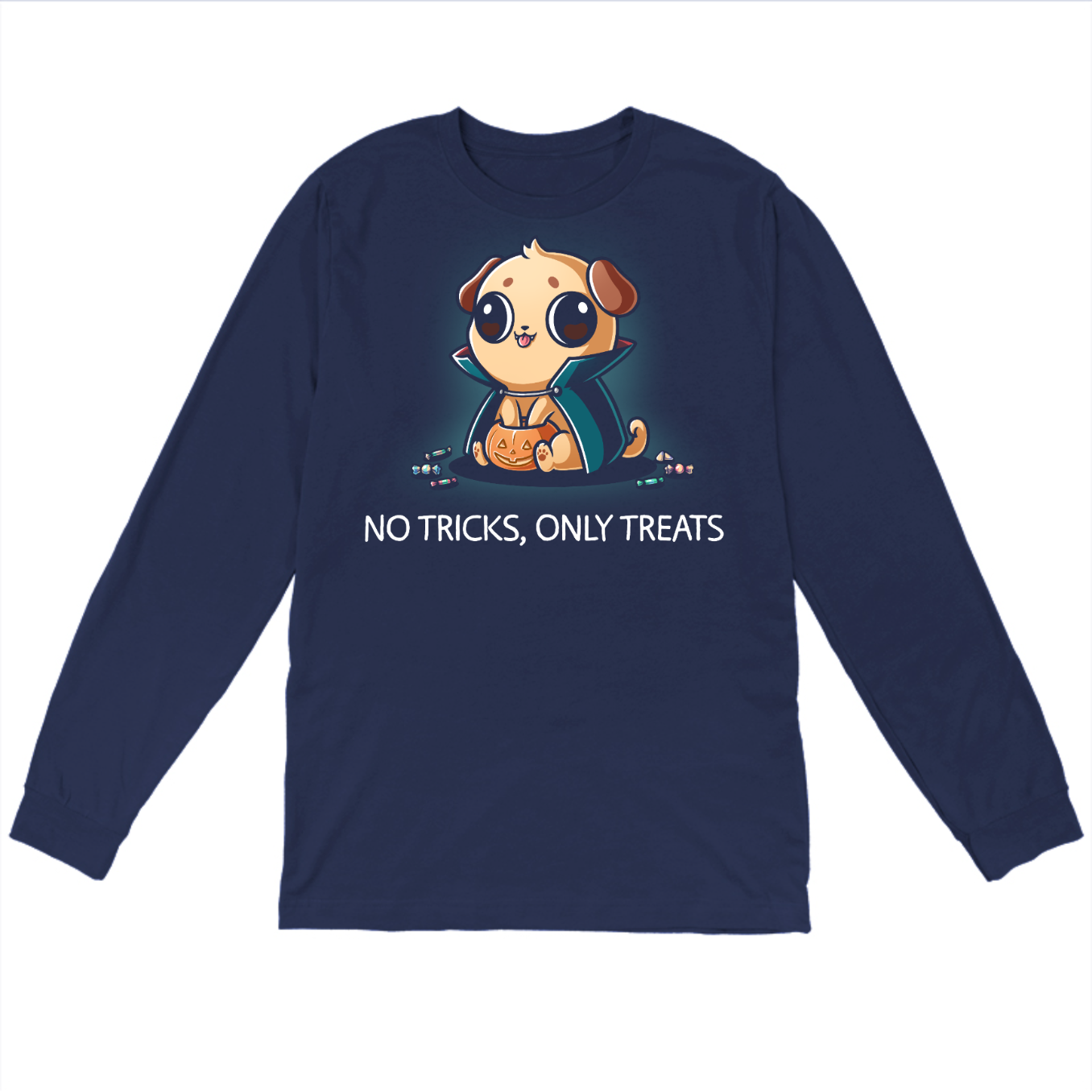 Long Sleeve T-shirt_TeeTurtle navy No Tricks, Only Treats Long Sleeve T-shirt featuring a pug wearing a superhero cape while carrying a bucket of Halloween candy beneath the phrase "No Tricks, Only Treats."
