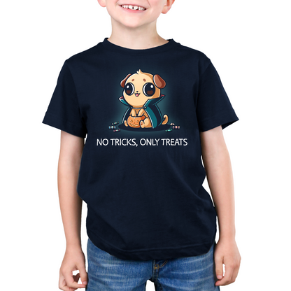 Premium Cotton T-shirt_TeeTurtle navy No Tricks, Only Treats Premium Cotton T-shirt featuring a pug wearing a superhero cape while carrying a bucket of Halloween candy beneath the phrase "No Tricks, Only Treats."
