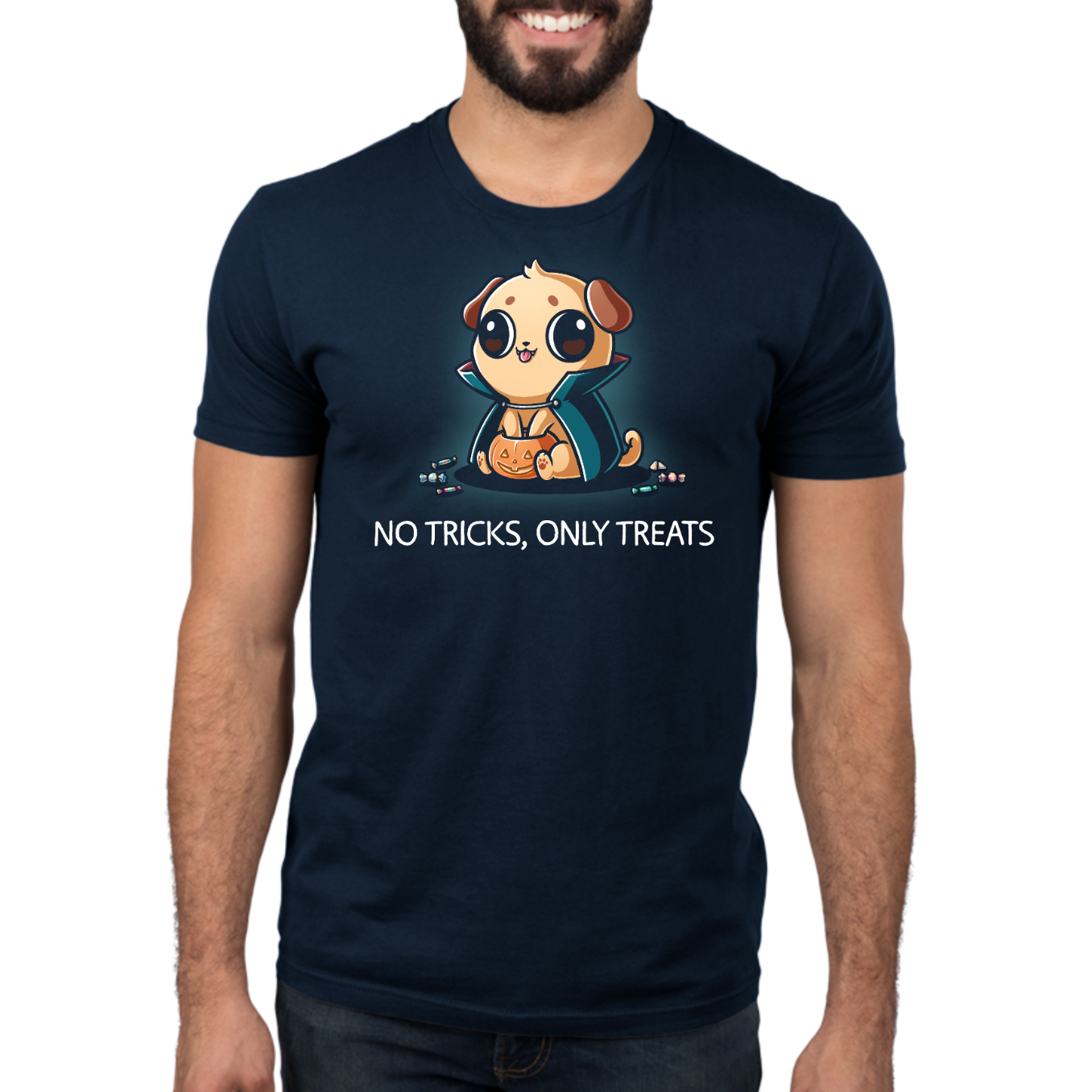 Premium Cotton T-shirt_TeeTurtle navy No Tricks, Only Treats Premium Cotton T-shirt featuring a pug wearing a superhero cape while carrying a bucket of Halloween candy beneath the phrase "No Tricks, Only Treats."