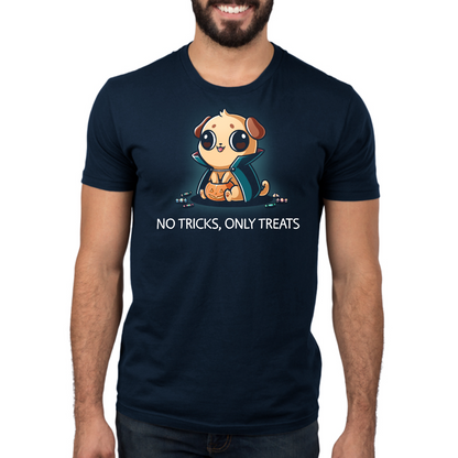 Premium Cotton T-shirt_TeeTurtle navy No Tricks, Only Treats Premium Cotton T-shirt featuring a pug wearing a superhero cape while carrying a bucket of Halloween candy beneath the phrase "No Tricks, Only Treats."