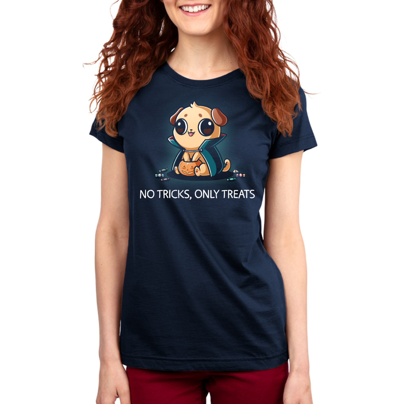 Premium Cotton T-shirt_TeeTurtle navy No Tricks, Only Treats Premium Cotton T-shirt featuring a pug wearing a superhero cape while carrying a bucket of Halloween candy beneath the phrase "No Tricks, Only Treats."