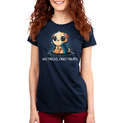 Premium Cotton T-shirt_TeeTurtle navy No Tricks, Only Treats Premium Cotton T-shirt featuring a pug wearing a superhero cape while carrying a bucket of Halloween candy beneath the phrase "No Tricks, Only Treats."