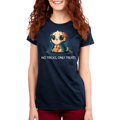 Premium Cotton T-shirt_TeeTurtle navy No Tricks, Only Treats Premium Cotton T-shirt featuring a pug wearing a superhero cape while carrying a bucket of Halloween candy beneath the phrase "No Tricks, Only Treats."