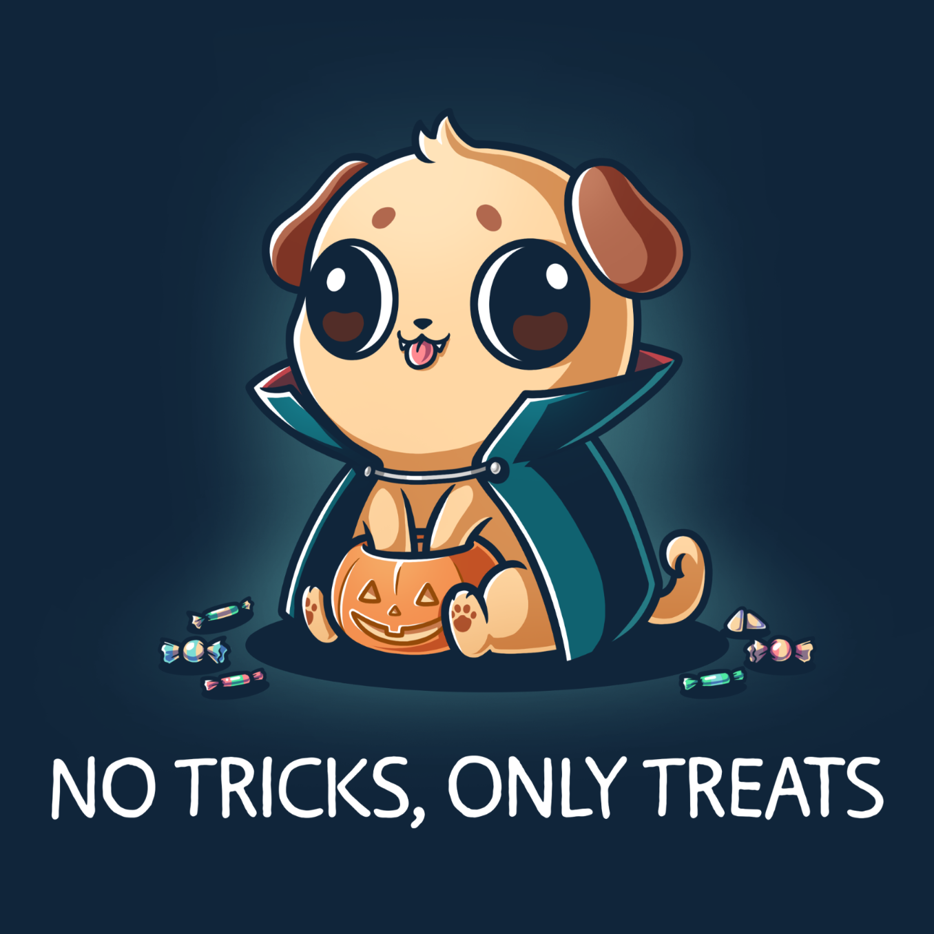 Pullover Hoodie_TeeTurtle navy No Tricks, Only Treats Pullover Hoodie featuring a pug wearing a superhero cape while carrying a bucket of Halloween candy beneath the phrase "No Tricks, Only Treats."
