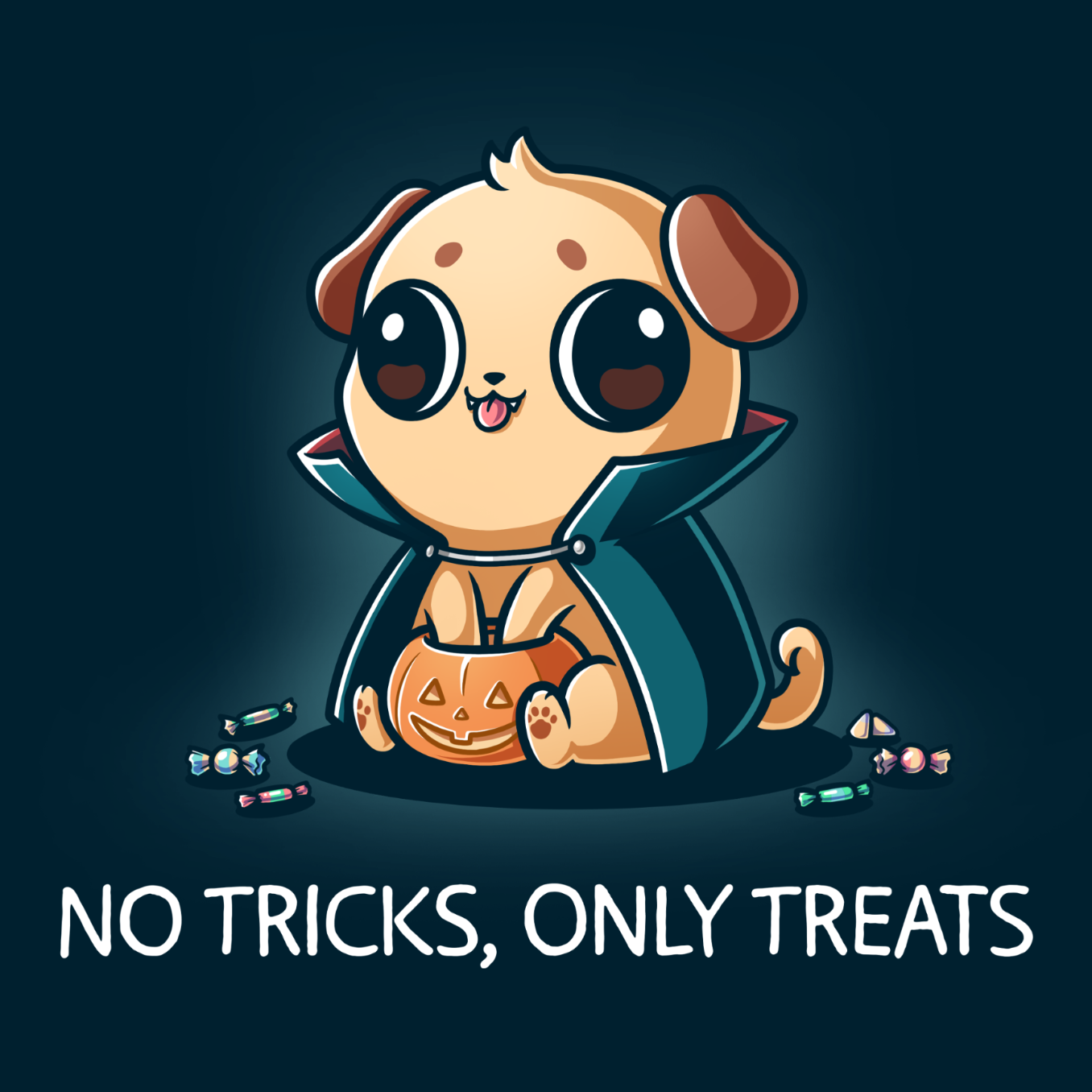 Premium Cotton T-shirt_TeeTurtle navy No Tricks, Only Treats Premium Cotton T-shirt featuring a pug wearing a superhero cape while carrying a bucket of Halloween candy beneath the phrase "No Tricks, Only Treats."