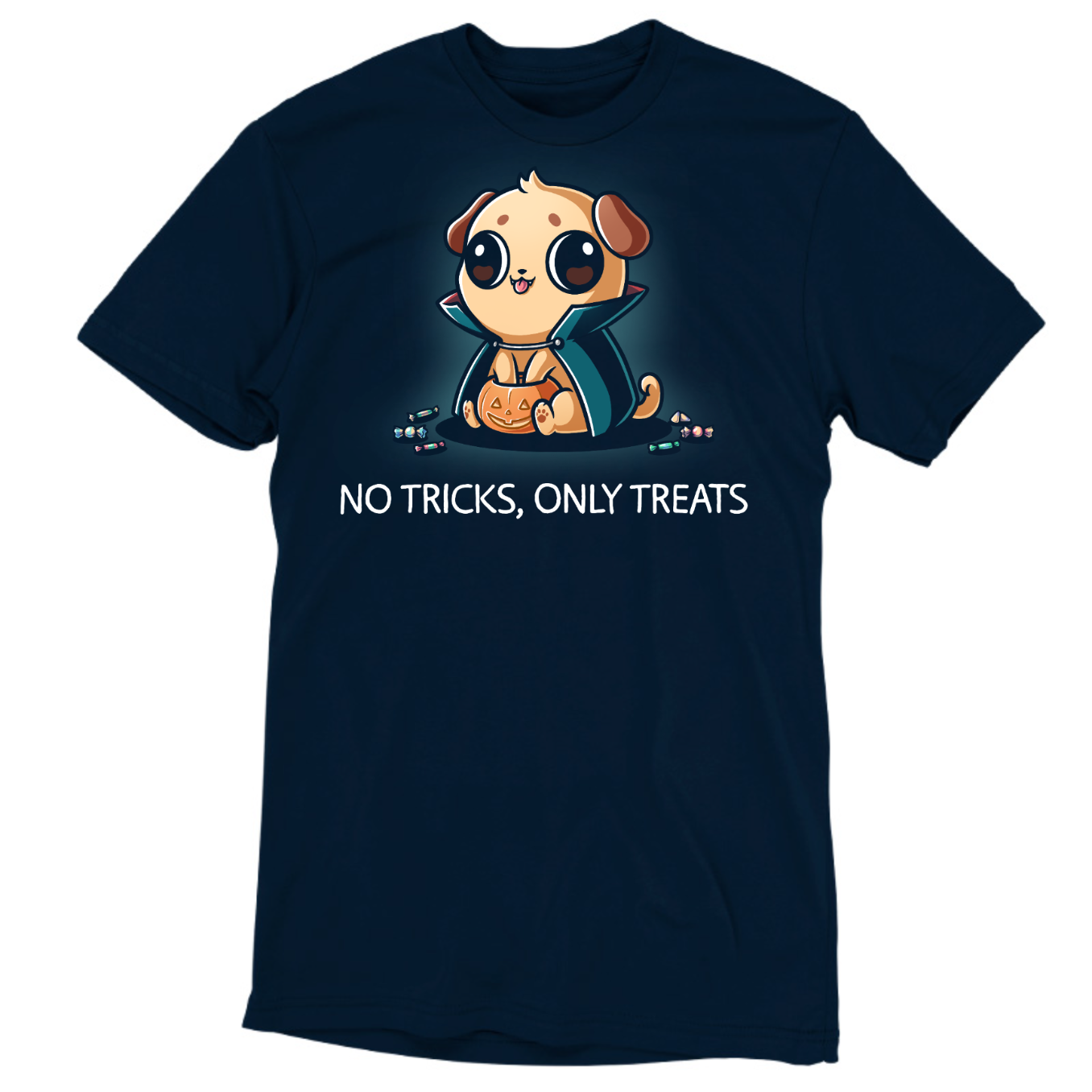 Premium Cotton T-shirt_TeeTurtle navy No Tricks, Only Treats Premium Cotton T-shirt featuring a pug wearing a superhero cape while carrying a bucket of Halloween candy beneath the phrase "No Tricks, Only Treats."