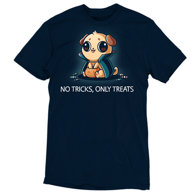Premium Cotton T-shirt_TeeTurtle navy No Tricks, Only Treats Premium Cotton T-shirt featuring a pug wearing a superhero cape while carrying a bucket of Halloween candy beneath the phrase "No Tricks, Only Treats."